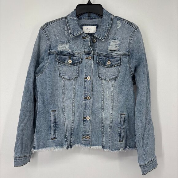 Kancan Women's Frayed Raw Hem Denim Trucker Jacket Blue Med Wash Size XL NWT - Picture 2 of 5
